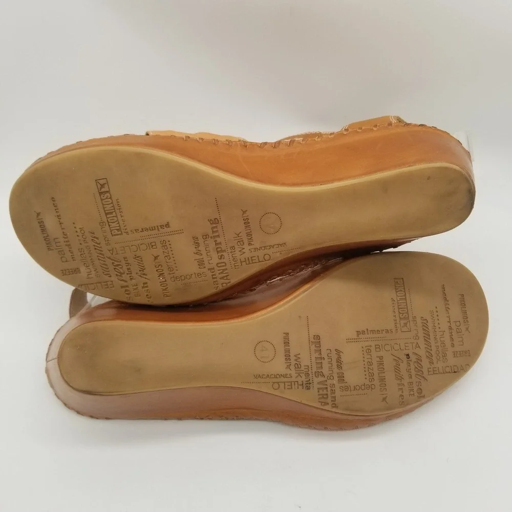 Pikolinos Women Tan Leather‎ T-Strap Wedge Sandals  41 Floral Cutout Peep Toe
